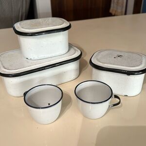 3pc vintage white enamel refrigerator storage set. And 2 white enamel tea cups.